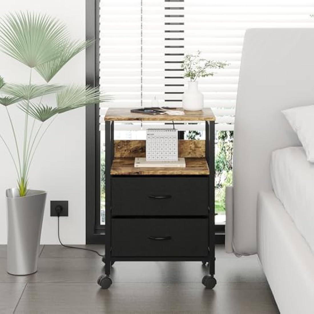 Lutown Bedside Table with Charging Station and 2 Drawers – Rustic Brown