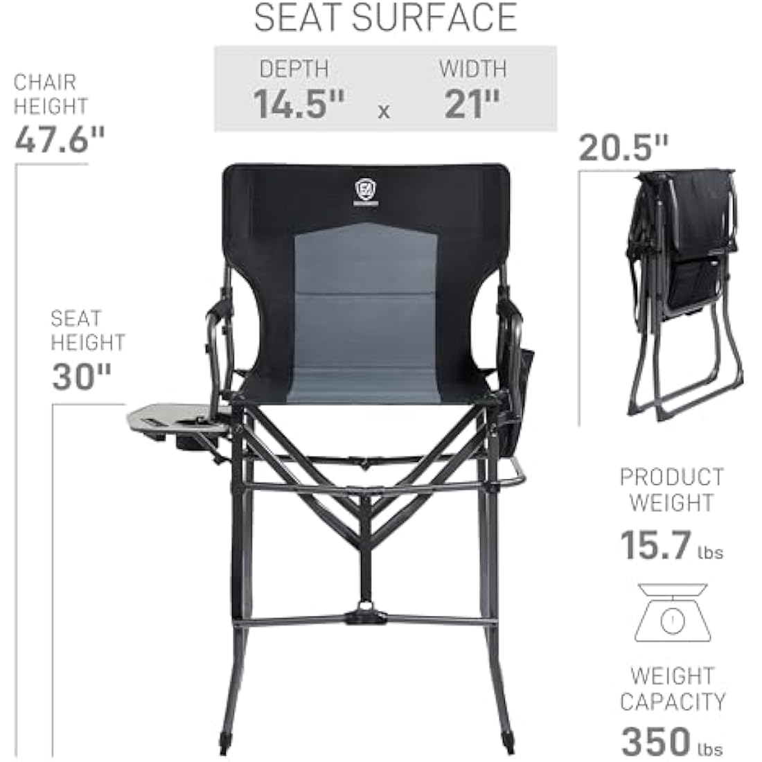EVER ADVANCED Tall Folding Directors Chair with Side Table - 76cm Seat Height
