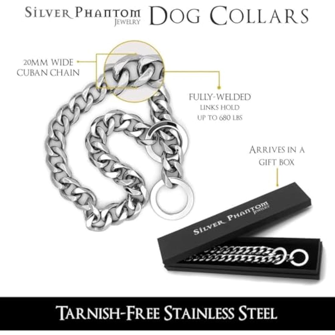Silver Phantom 20mm Cuban Link Dog Collar – Stainless Steel, 24 Inch