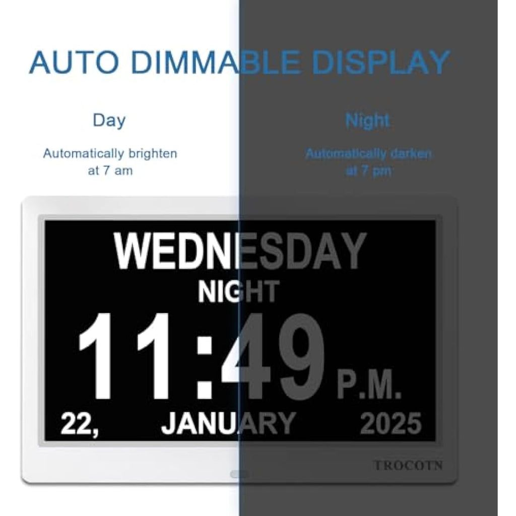 TROCOTN 10 Inch Digital Calendar Day Clock for Elderly - Large Display White