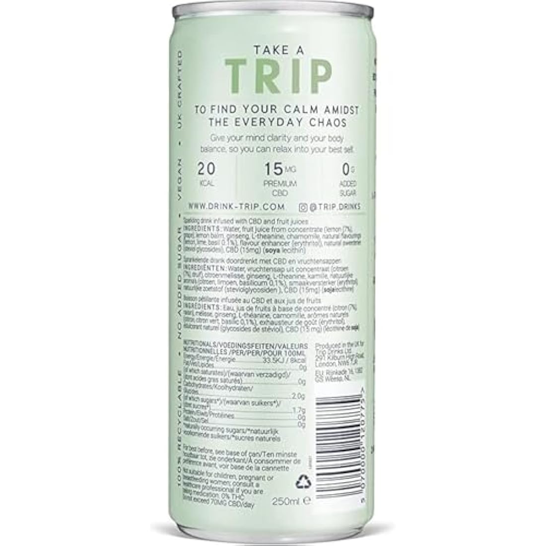 TRIP Lemon Basil CBD Sparkling Water – Low Calorie & Vegan (24 x 250ml)