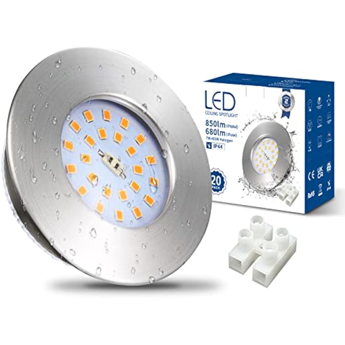 HiBay 20x 7W LED Recessed Downlights – IP44 Slim Brushed Chrome 3000K