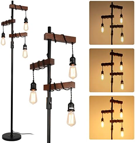Rayofly Industrial Dimmable 3-Light Tree Floor Lamp – Wood & Metal
