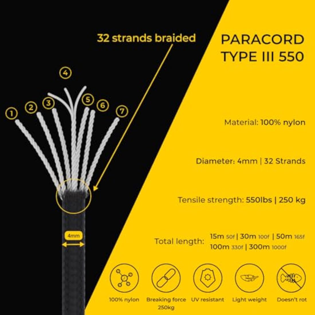 EDCX 550 Paracord – 4mm Type III 7-Strand Nylon Rope for Camping & DIY