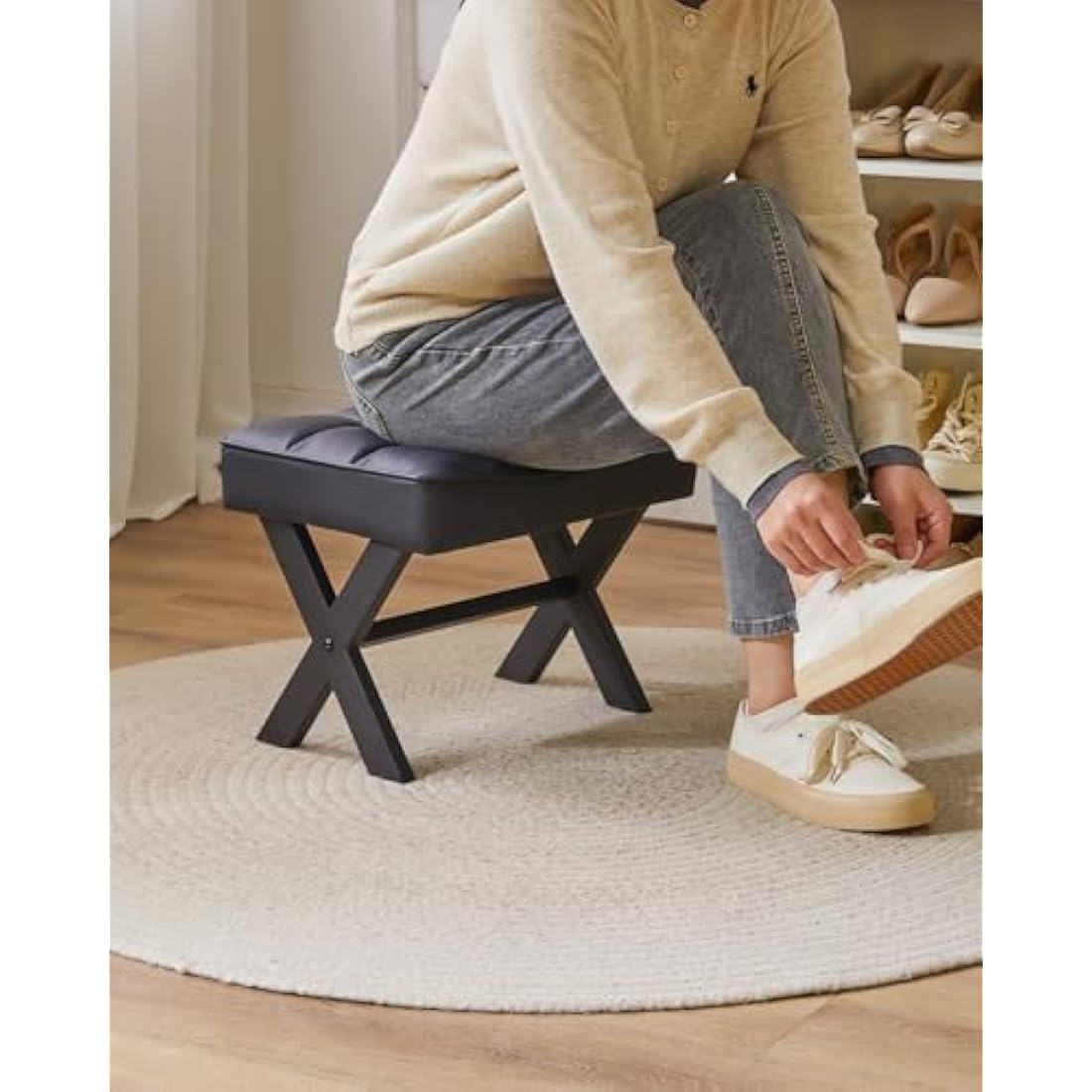 IBUYKE Square PU Leather Footrest Stool | Modern Metal X-Leg Side Table