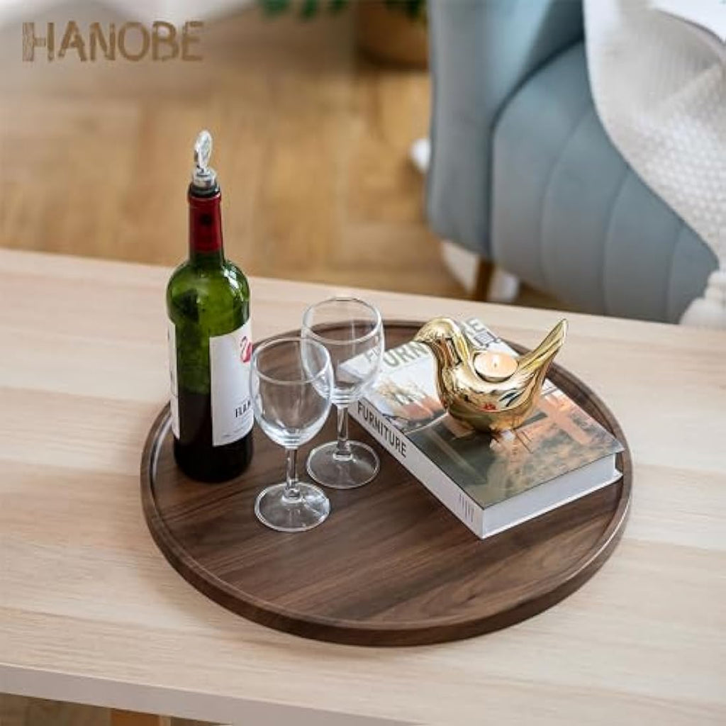 Hanobe Large Round Ottoman Serving Tray – 45cm Walnut Wood Coffee Table Tray