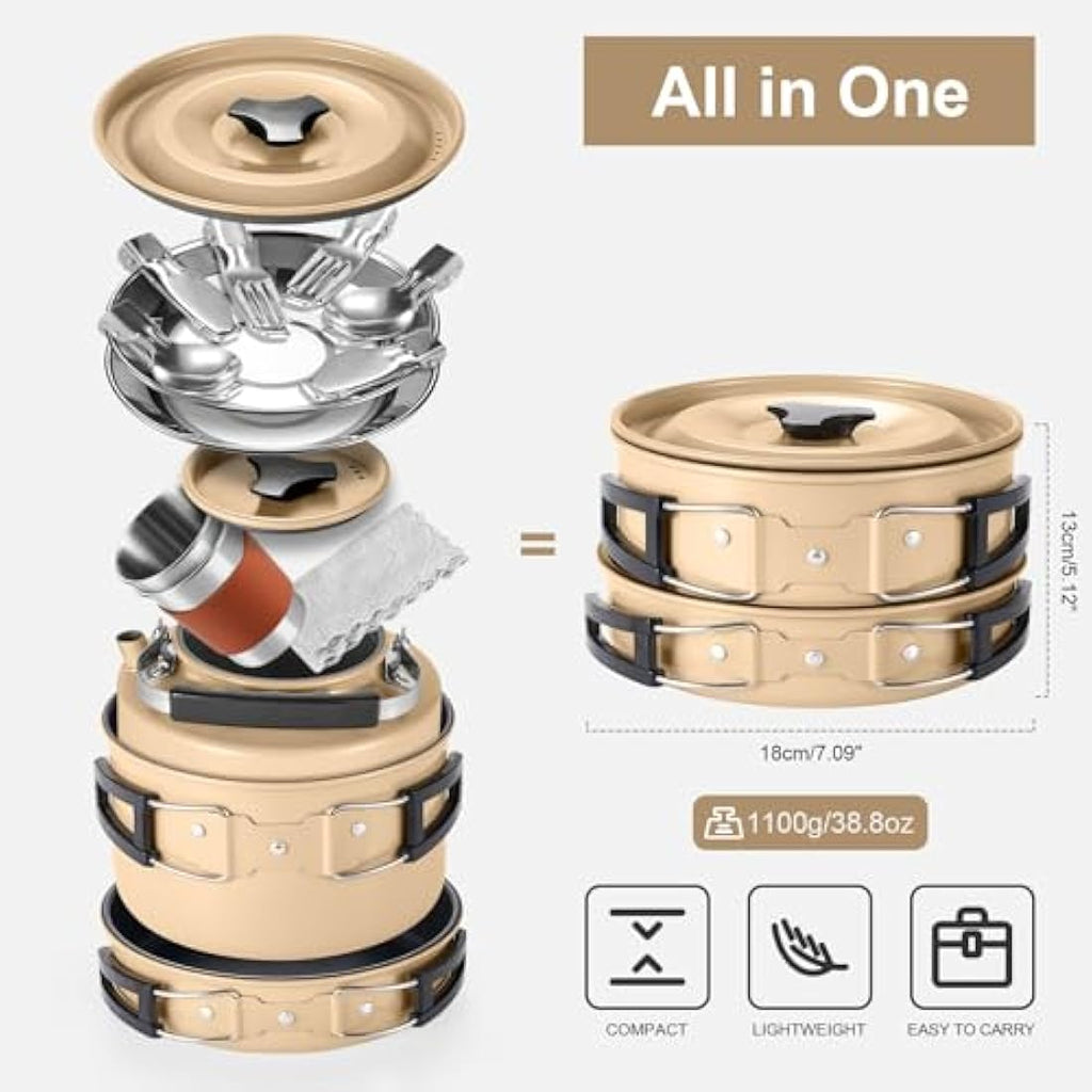 Odoland 15pcs Camping Cookware Mess Kit with Kettle and Utensils