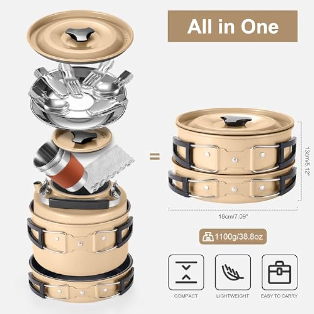 Odoland 15pcs Camping Cookware Mess Kit with Kettle and Utensils