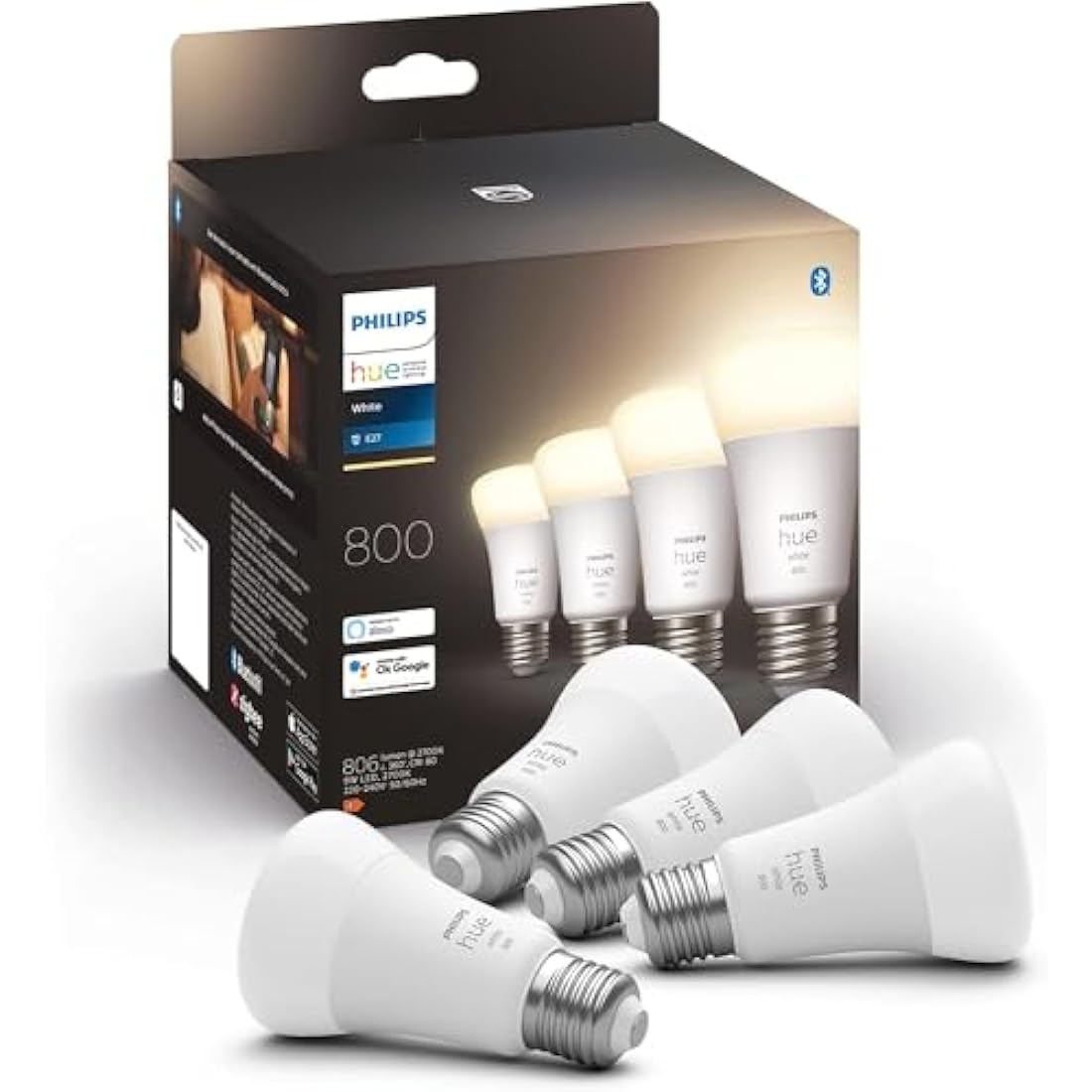 Philips Hue White Smart LED Bulb 4-Pack | E27 Edison Screw | 800lm