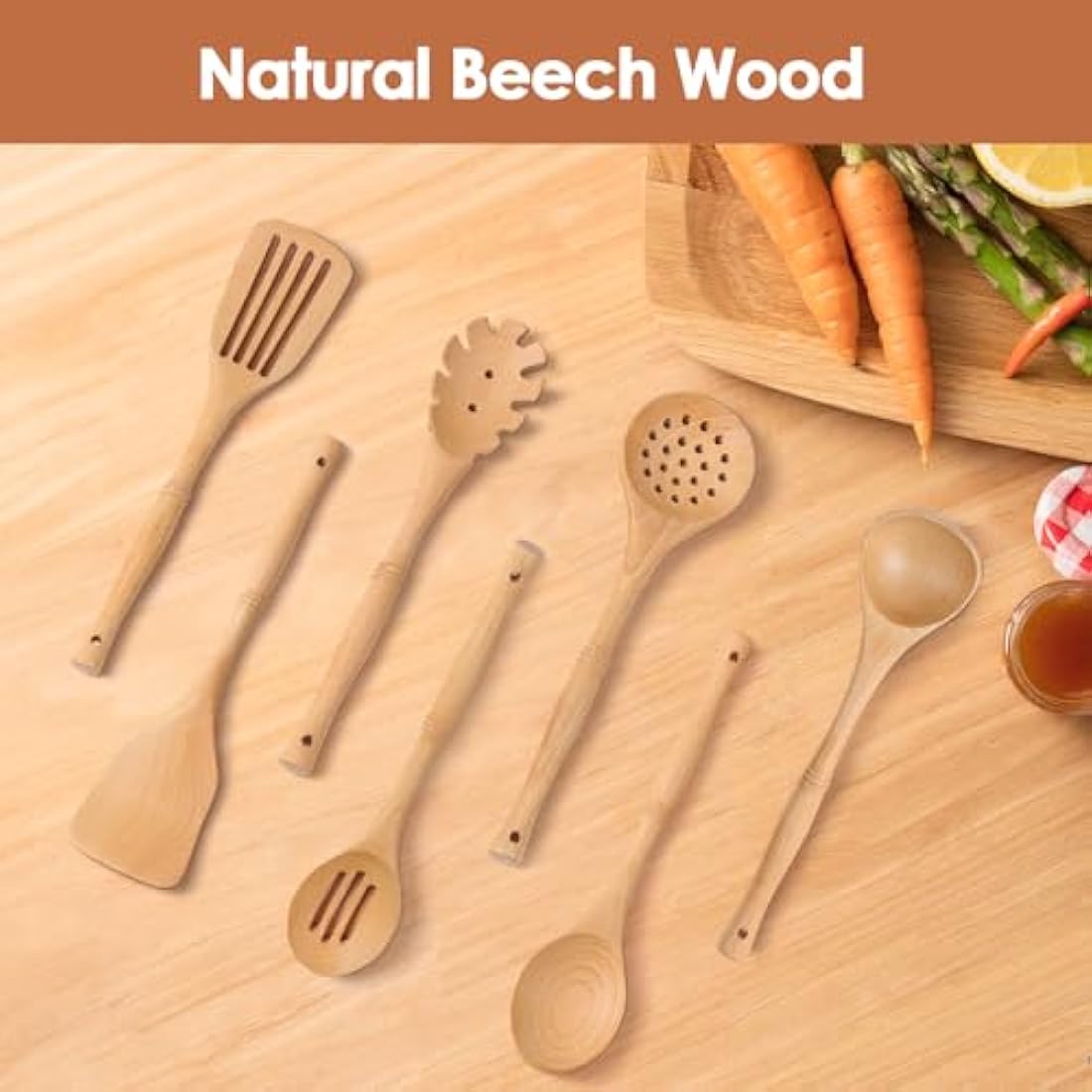 Jolof Store Beech Wood Cooking Utensils Set – 7 Piece Kitchen Spoons
