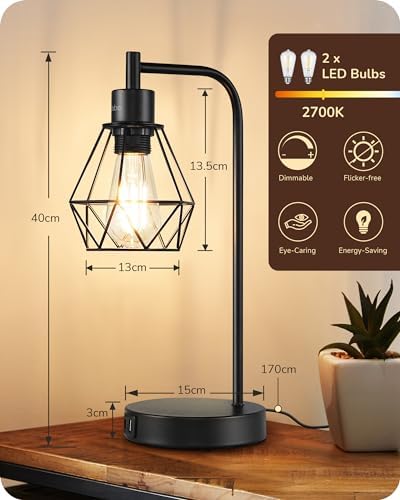 EDISHINE Industrial Touch Bedside Lamps Set of 2 with USB Ports