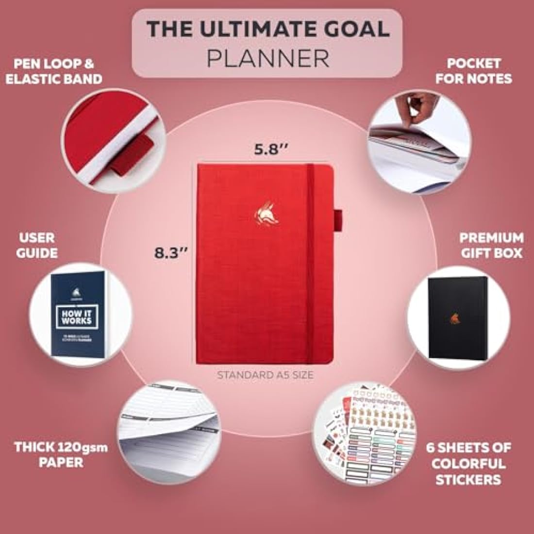 Clever Fox Ultimate Goal Planner – 90 Day Undated A5 Journal, Ruby Red