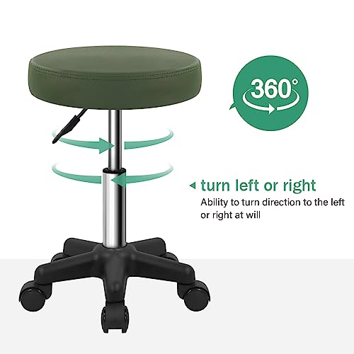 FURWOO Round Rolling Stool - Adjustable Swivel Salon Chair - Dark Green
