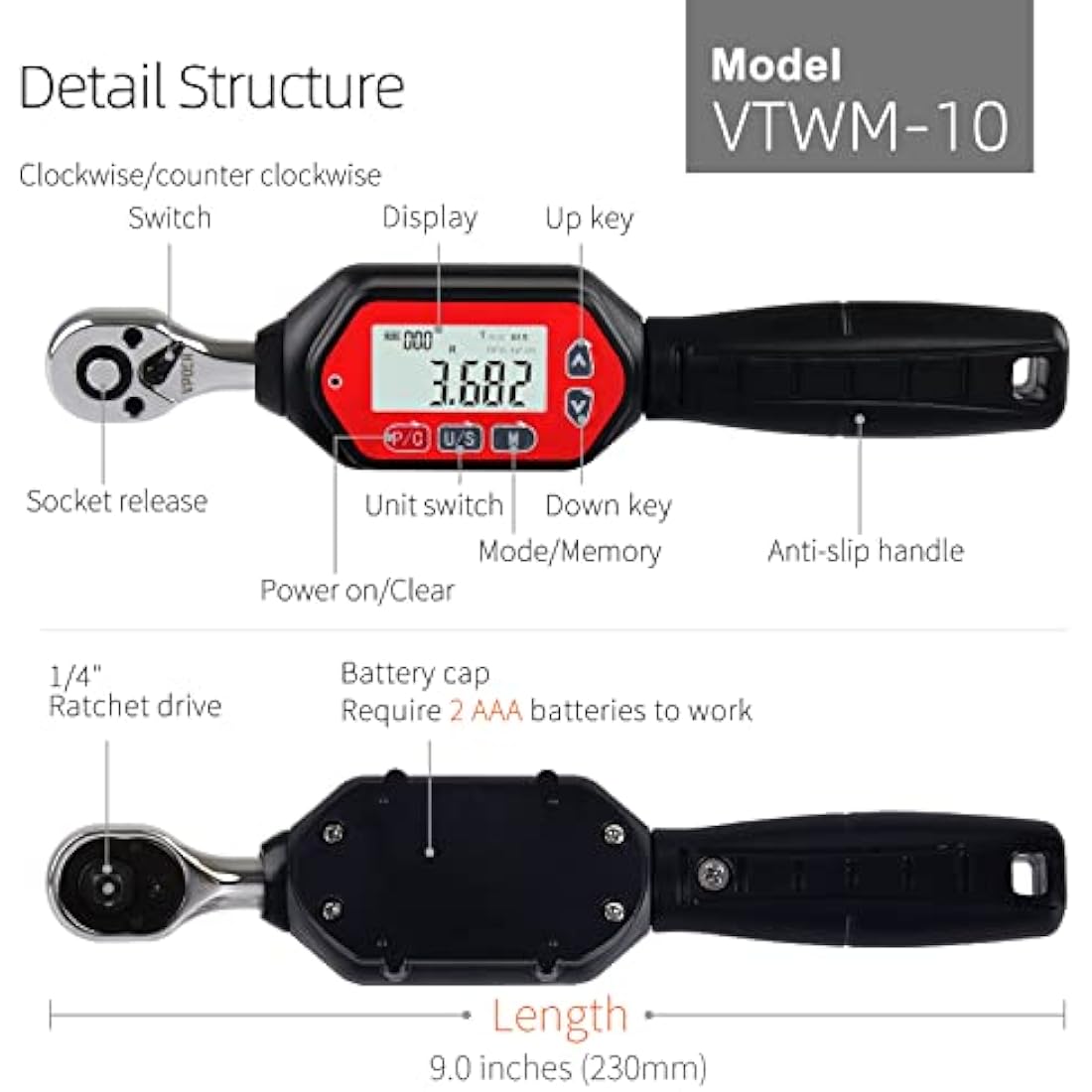 VPOER 1/4" Digital Torque Wrench | 0.22-7.37 ft-lbs with LED & Buzzer