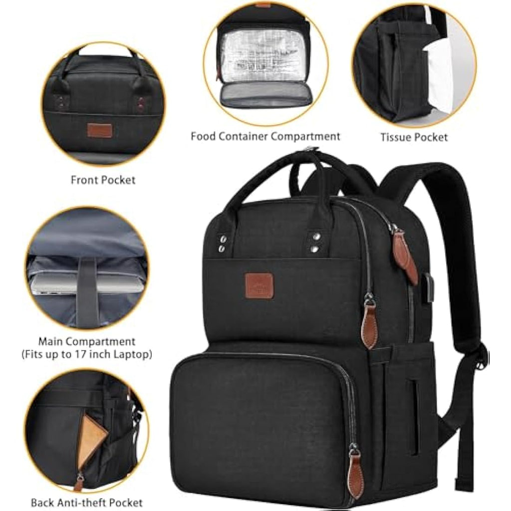 Matein 17 Inch Laptop Lunch Backpack | Insulated Cooler & USB Port – Black