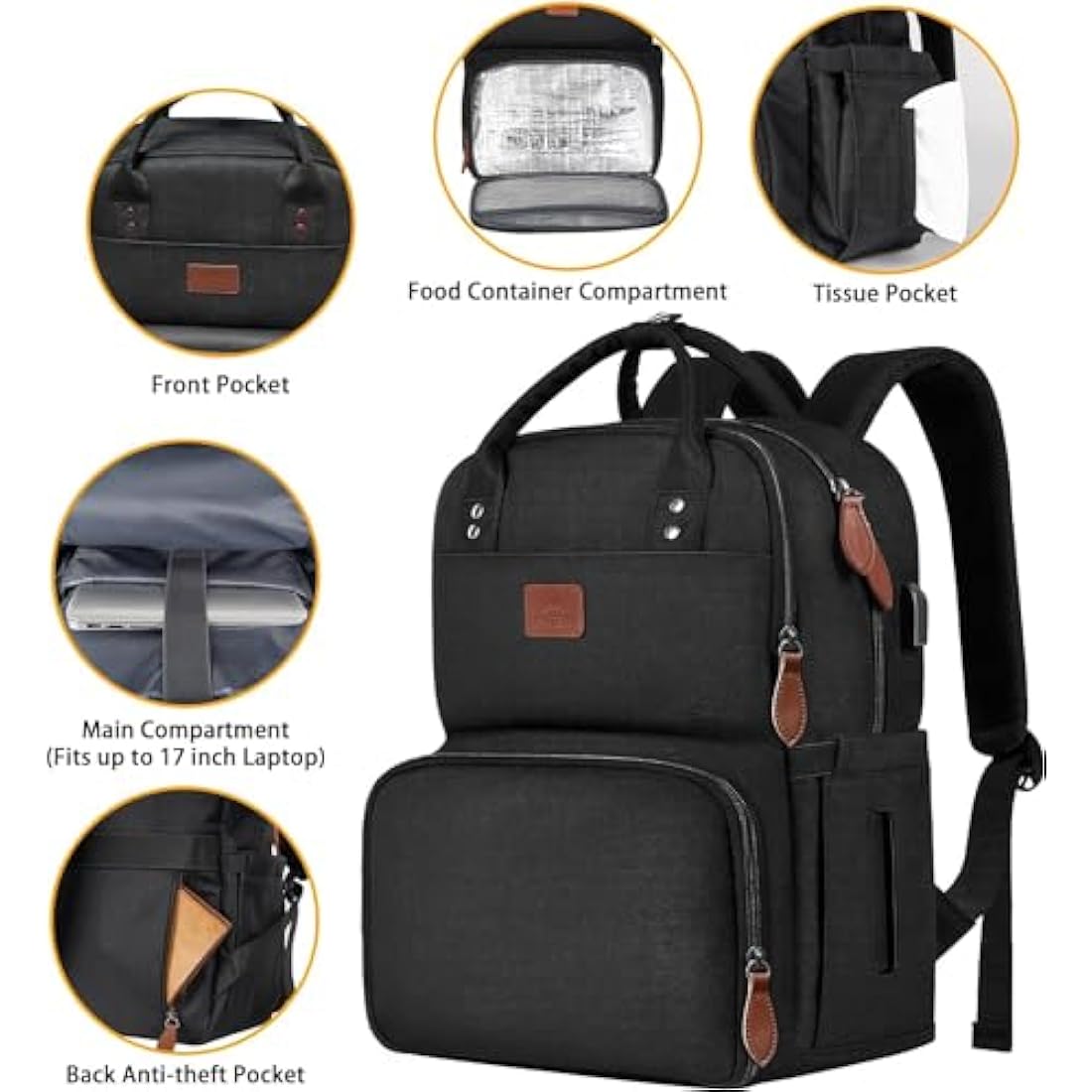 Matein 17 Inch Laptop Lunch Backpack | Insulated Cooler & USB Port – Black