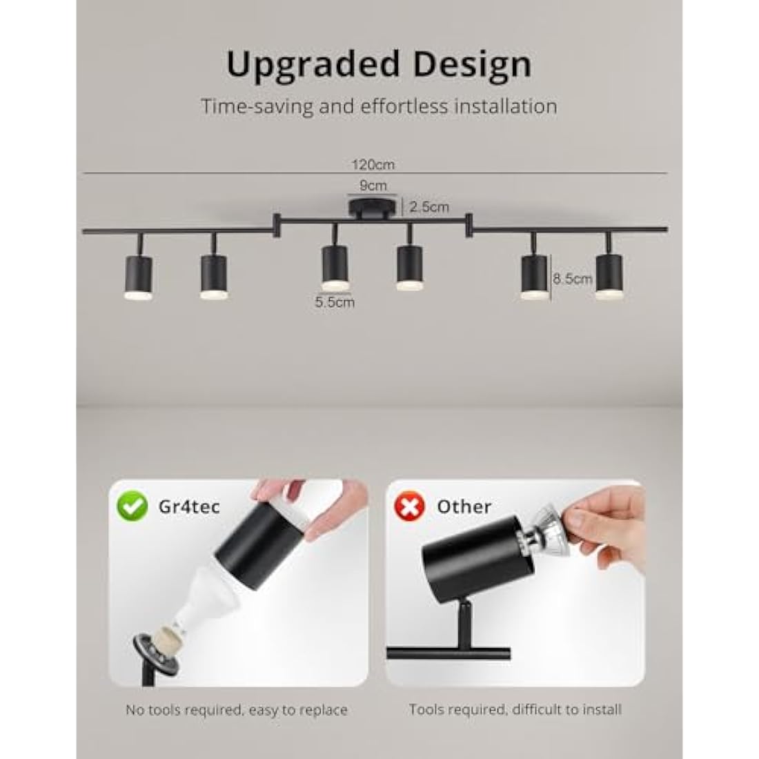 Gr4tec 6-Way Black Ceiling Spotlight Bar | Modern GU10 Light Fitting