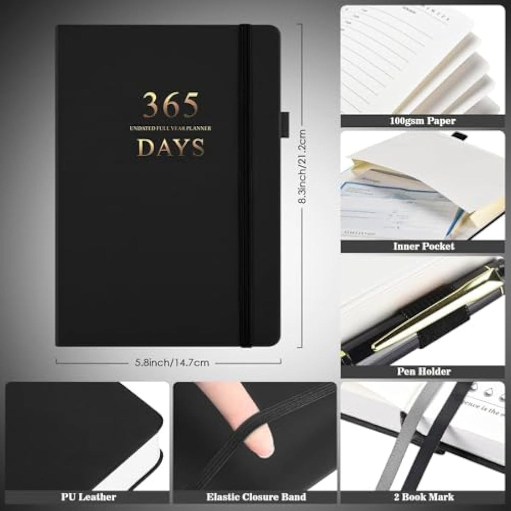 Undated Daily Planner – Hourly Productivity Agenda, Black PU Leather