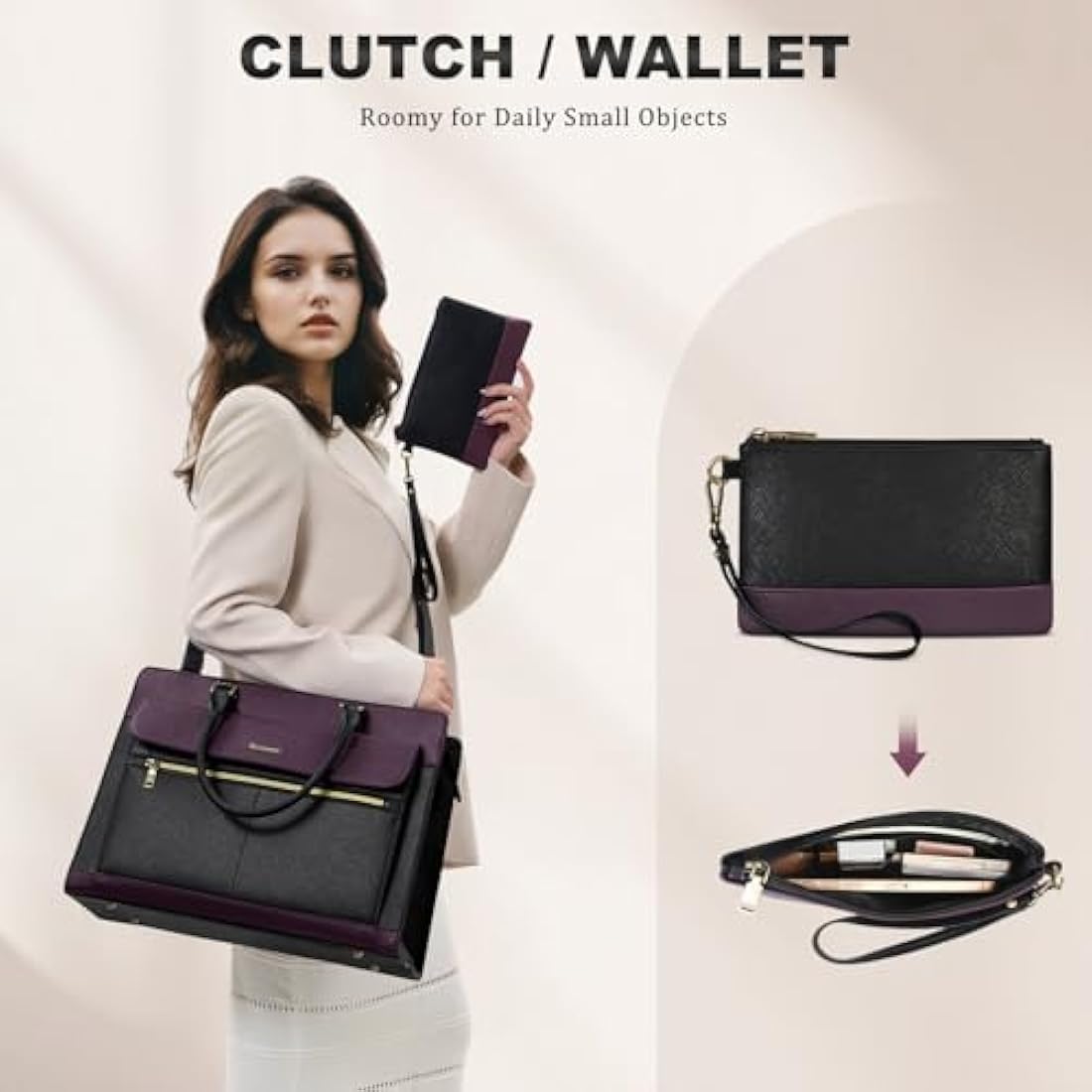 15.6 Inch Laptop Tote Bag – Purple PU Leather Work Handbag