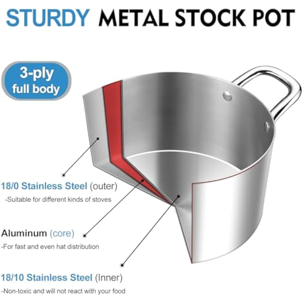 HaWare 4.5L Tri-Ply Stainless Steel Stock Pot with Glass Lid | Induction