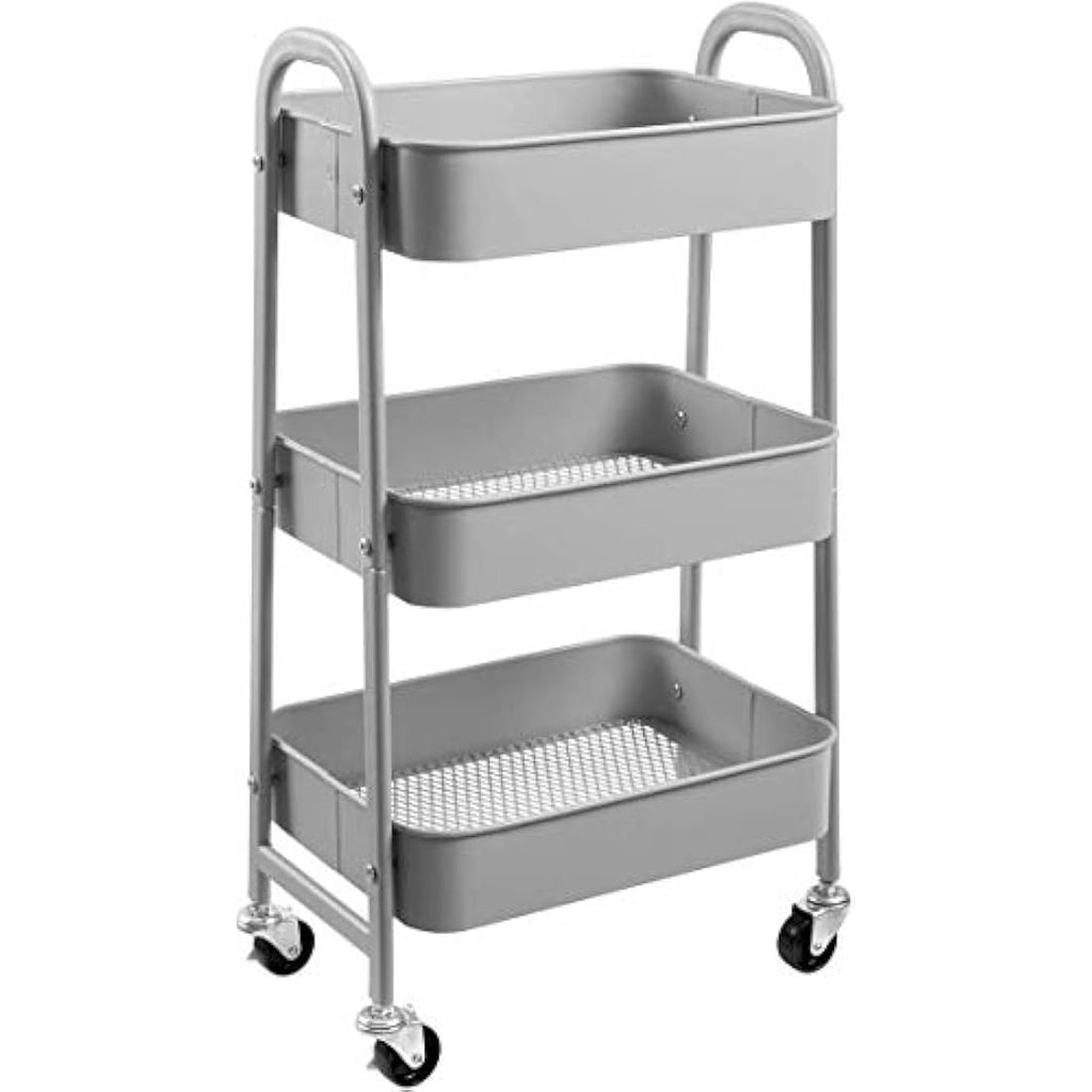 DOEWORKS 3-Tier Metal Rolling Storage Trolley - Slim Utility Cart, Grey