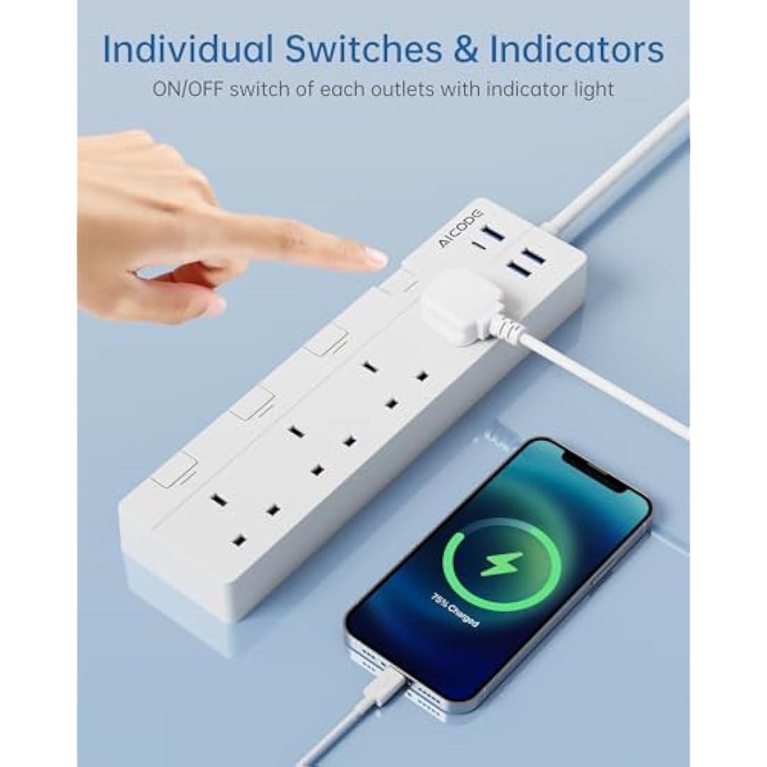 AICODE 4-Way Extension Lead with USB-C | 1.5M Surge Protected Power Strip