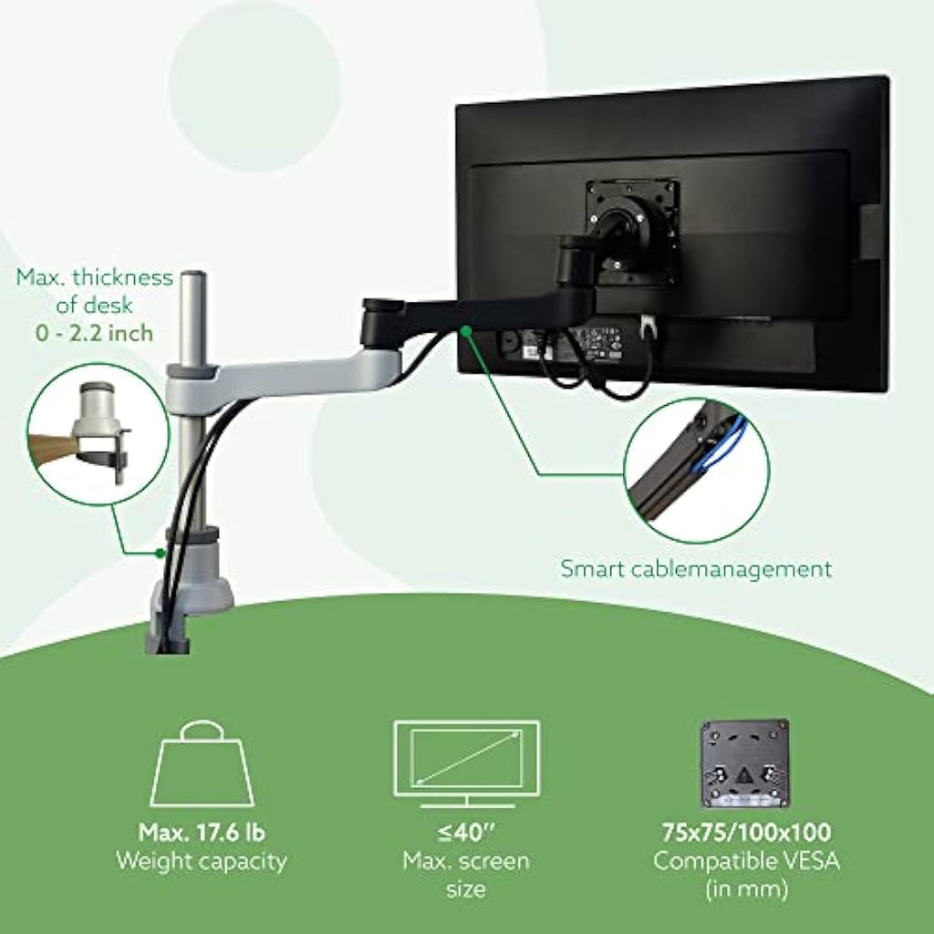 R-Go Zepher 4 C2 Single Monitor Arm | Adjustable VESA Mount - Matte Silver