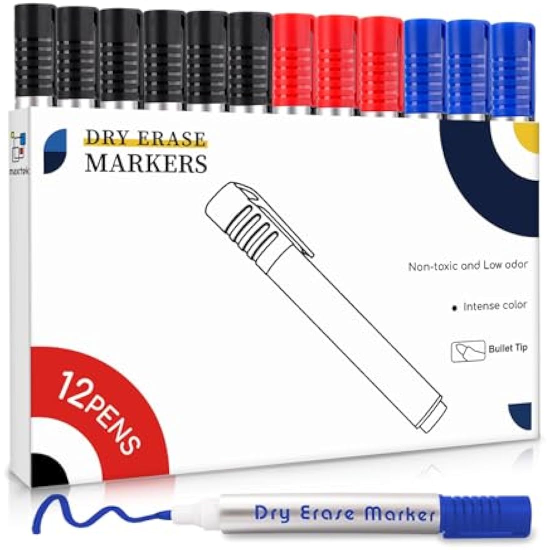 Maxtek Dry Erase Whiteboard Markers | 3 Assorted Colors Bullet Tip Pens