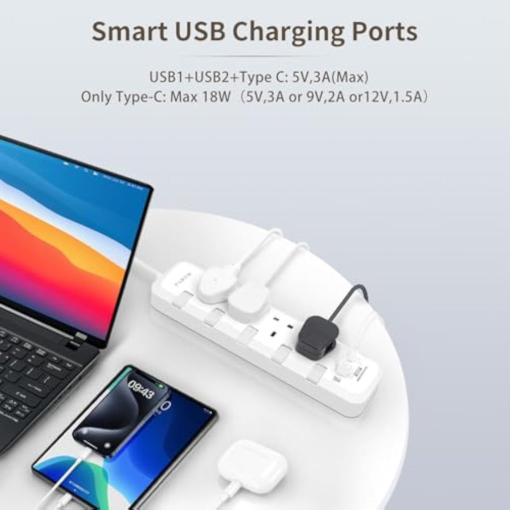 PARTH 4 Way Extension Lead with USB C PD 18W - 3m Surge Protected Strip