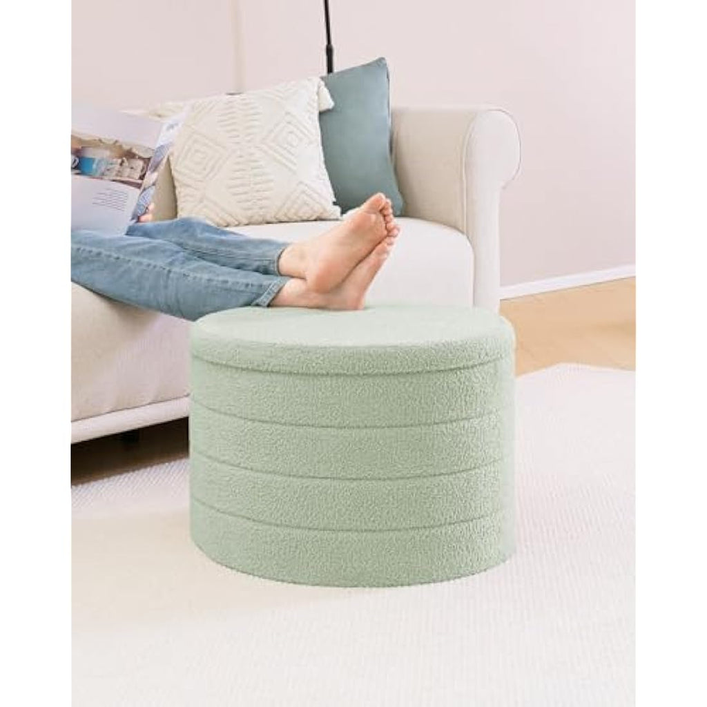 Round Boucle Storage Ottoman – Folding Teddy Footstool, Green