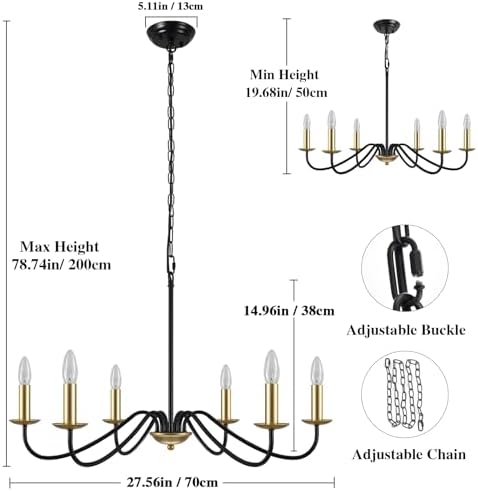 MRHYSWD 6-Light Black and Gold Chandelier | Adjustable Metal Pendant