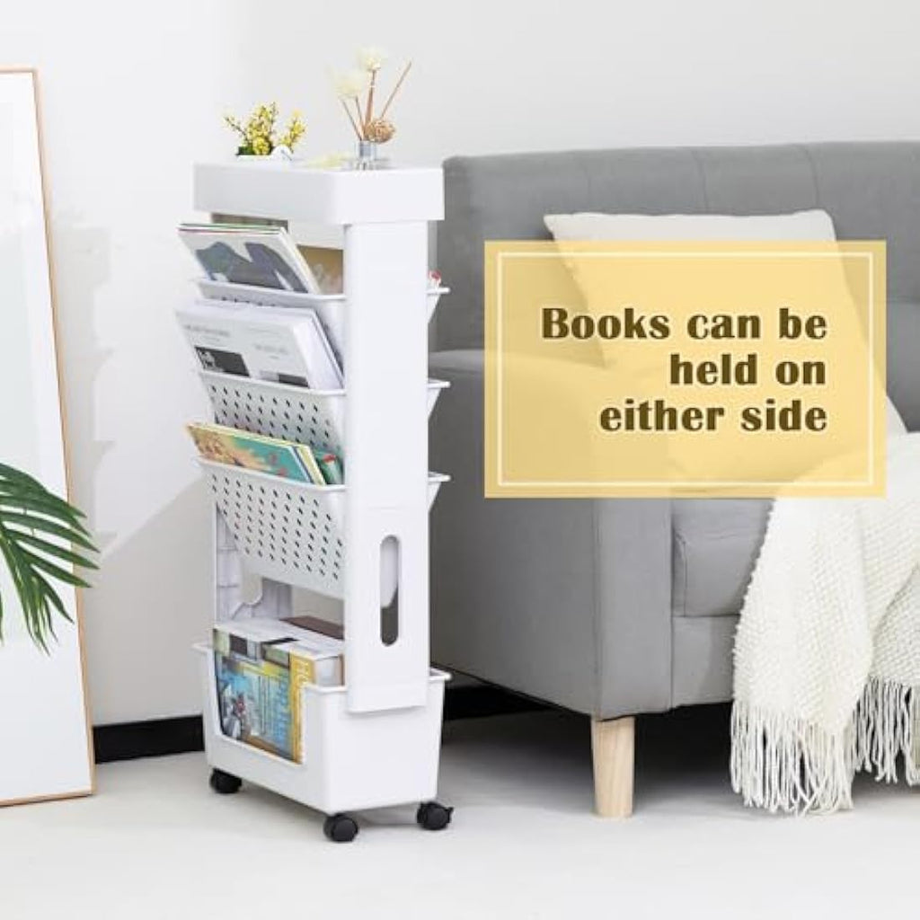 DOEWORKS 5-Tier Mobile Bookshelf – Slim Rolling Storage Trolley, White