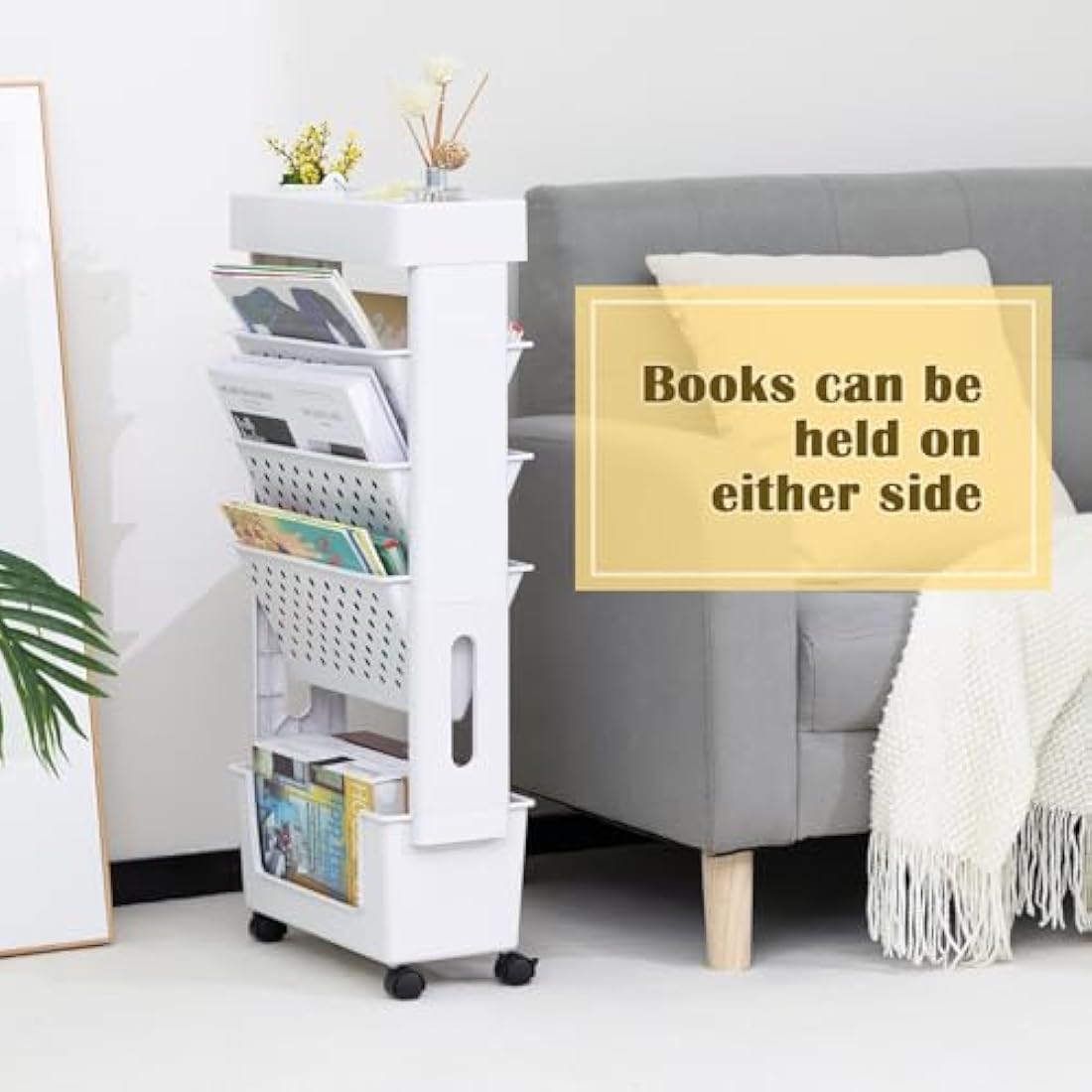 DOEWORKS 5-Tier Mobile Bookshelf – Slim Rolling Storage Trolley, White