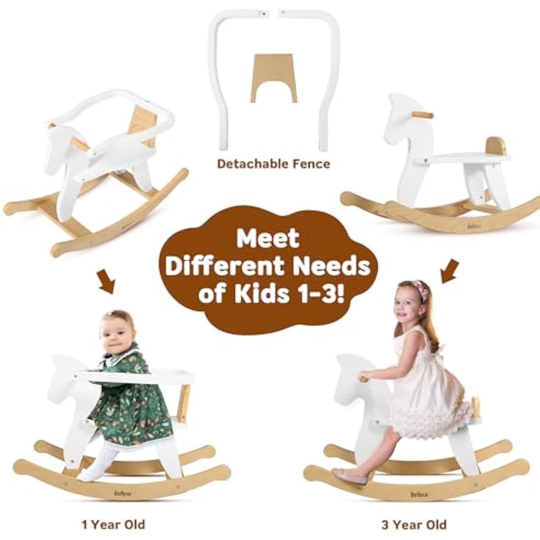 Belleur Wooden Rocking Horse for Toddlers – 2-in-1 Ride-On Toy with Fence
