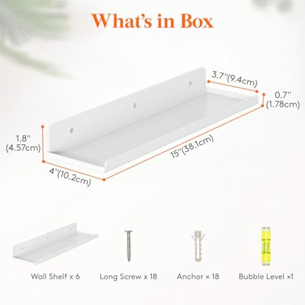 Lifewit White Floating Shelves – 6 Pack 15" Acrylic Wall Storage Ledges