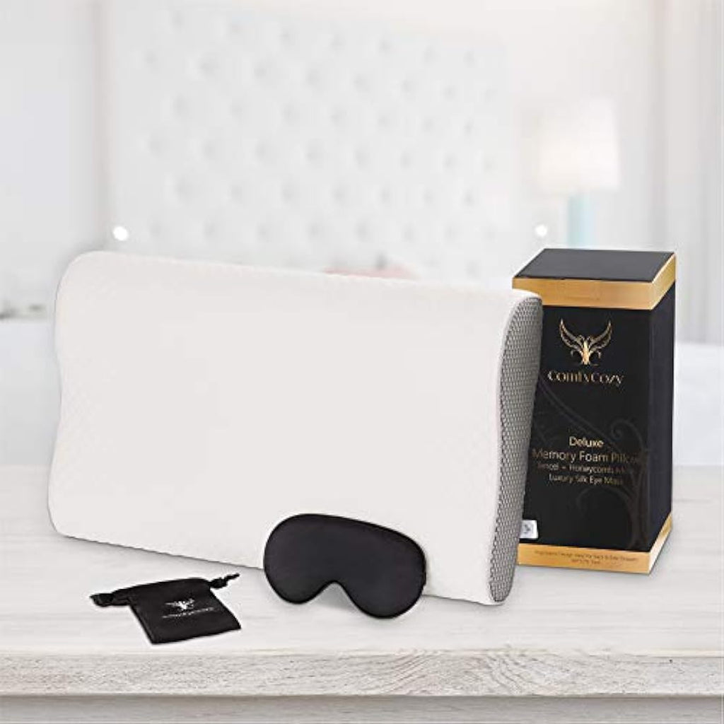 ComfyCozy Orthopedic Memory Foam Pillow & Silk Eye Mask - Large
