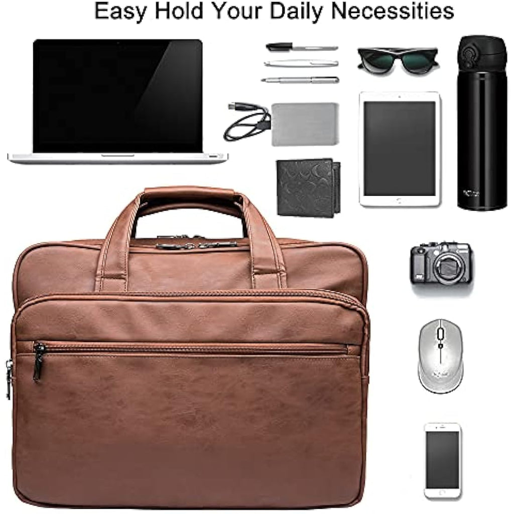Seyfocnia Brown Leather Laptop Bag | 15.6 Inch Business Messenger Briefcase