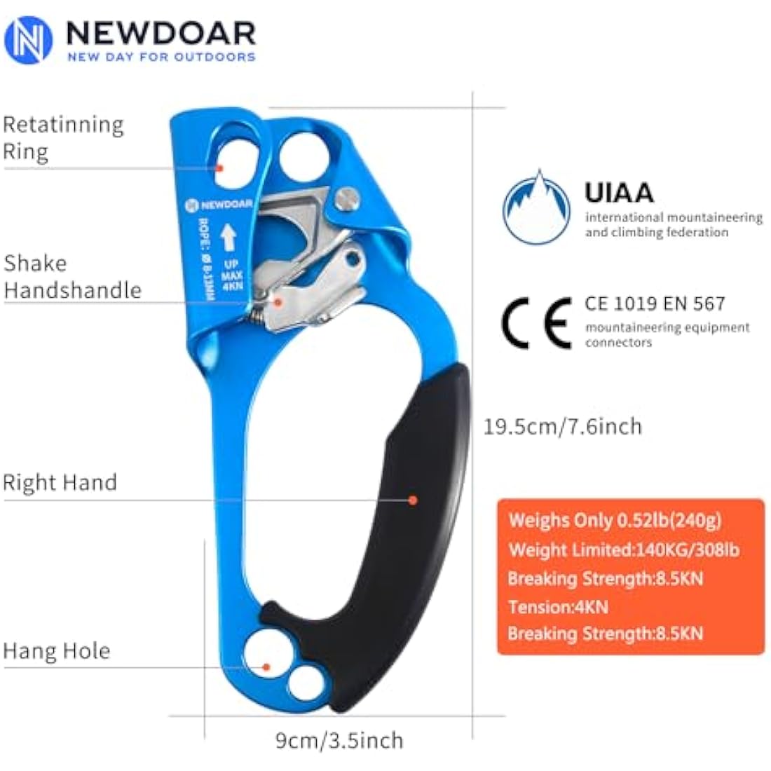 NewDoar Hand Ascender | UIAA Certified Rock Climbing Rope Clamp 8-13mm