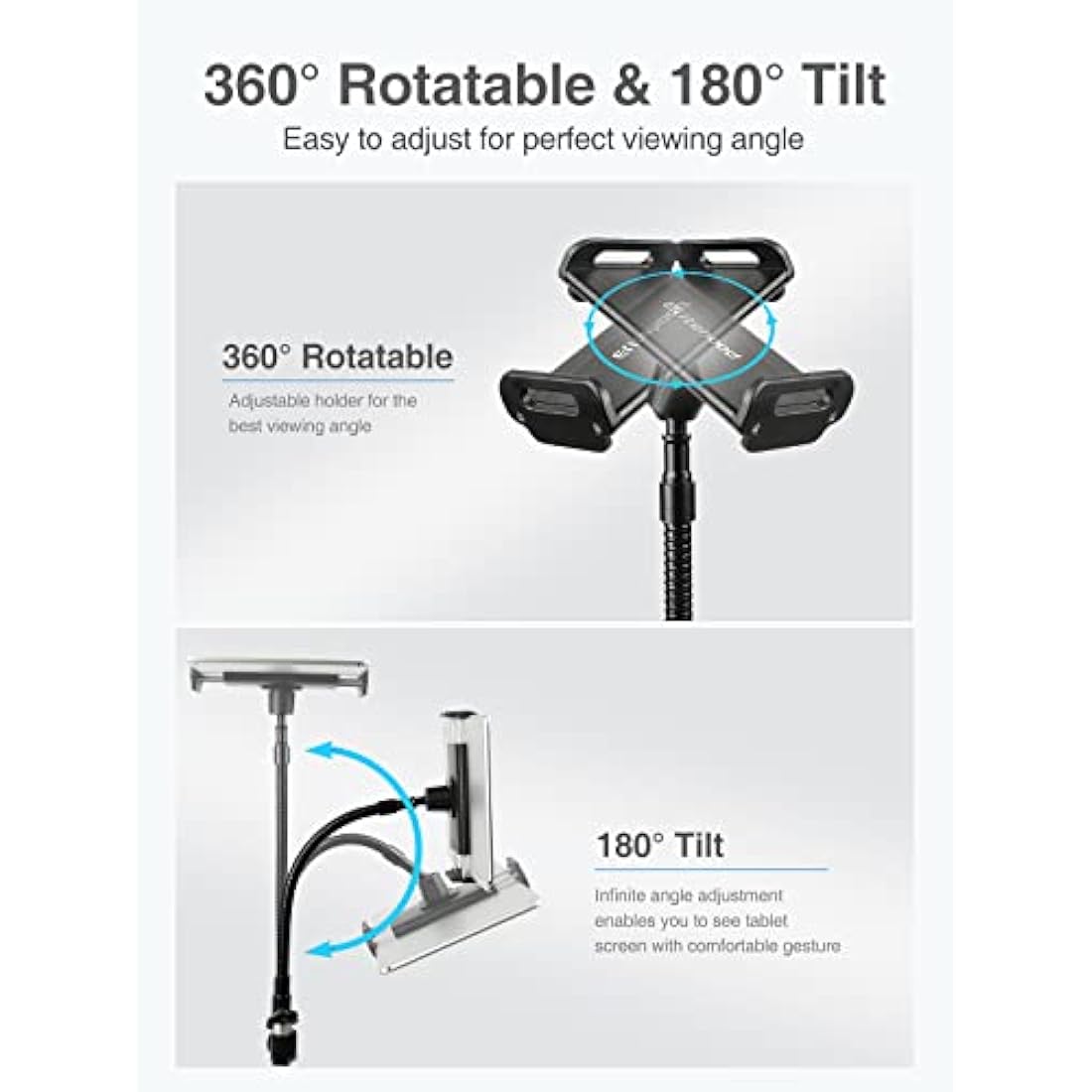 Elitehood 72” Gooseneck iPad Tripod Stand – Tall Tablet Floor Mount, Black