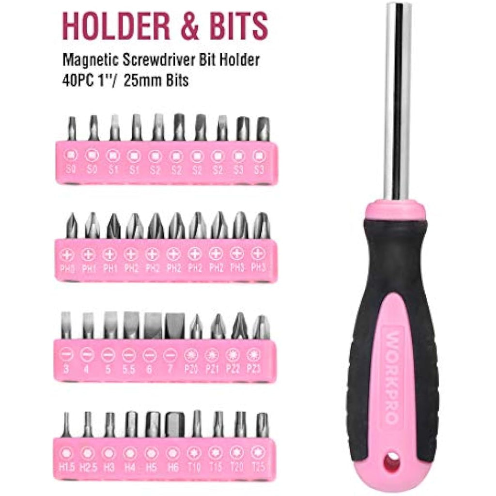 Workpro Pink Tool Kit – 103-Piece Hand Tool Set with Storage Bag