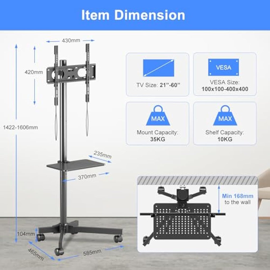 Suptek Mobile TV Stand on Wheels – Tall Rolling Cart for 21-60 inch TVs