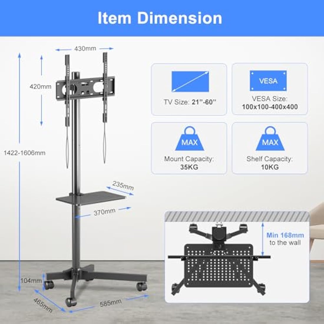 Suptek Mobile TV Stand on Wheels – Tall Rolling Cart for 21-60 inch TVs