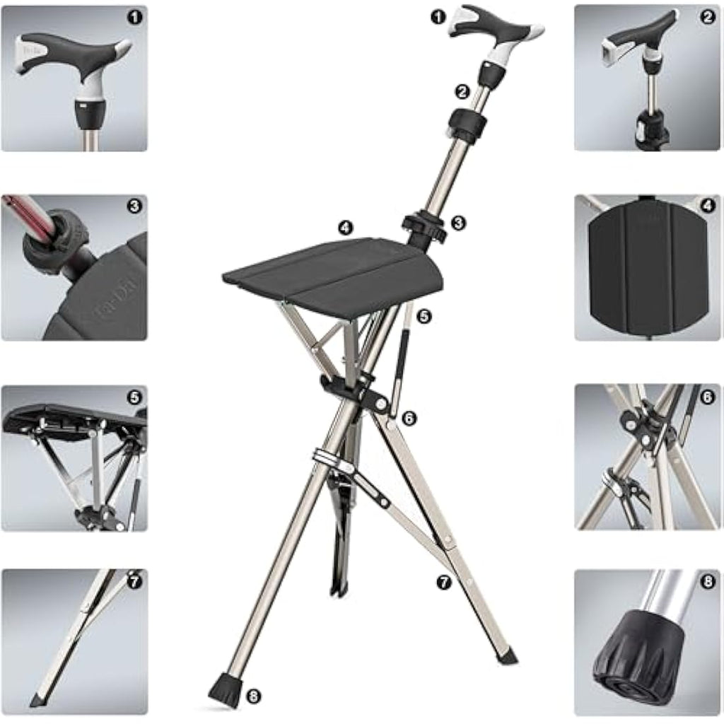 Ta-Da Chair PRO | Adjustable Walking Stick with Seat | Lightweight Black