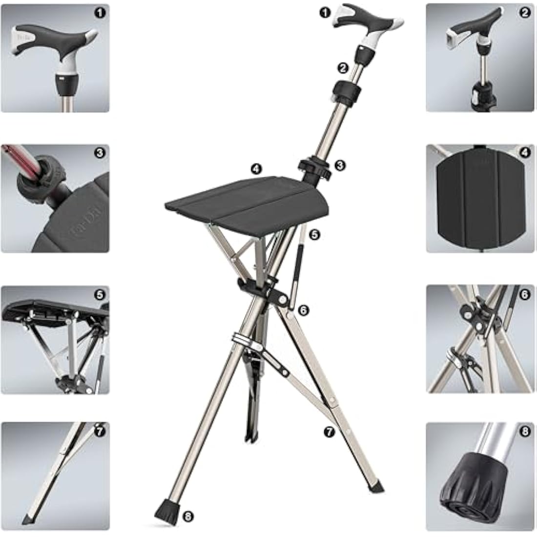 Ta-Da Chair PRO | Adjustable Walking Stick with Seat | Lightweight Black