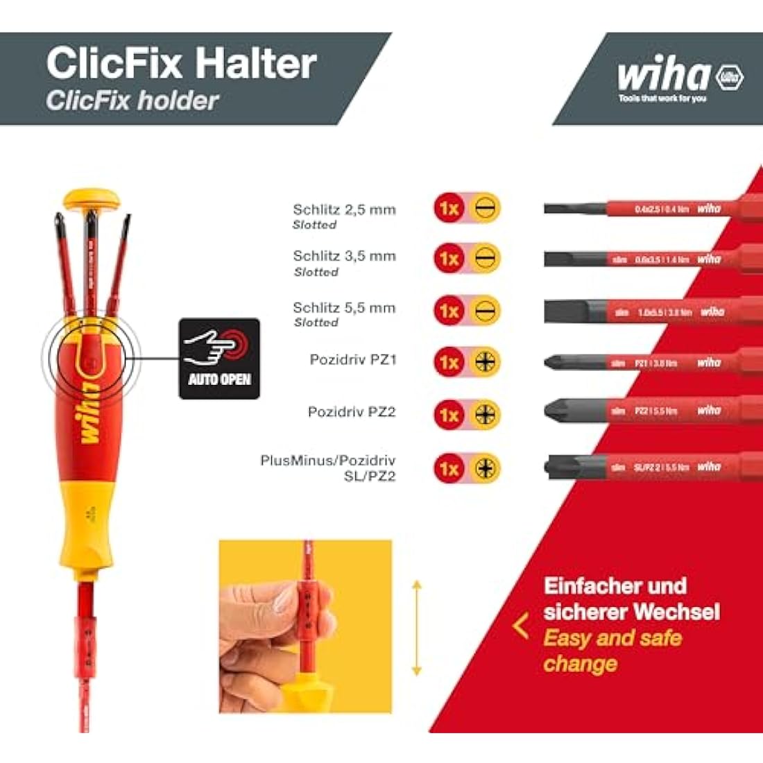 Wiha LiftUp Electric Insulated Bit Holder – VDE Certified Red Screwdriver