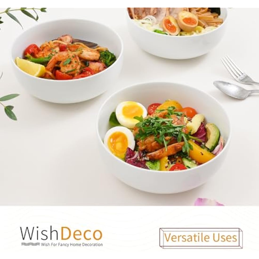 WishDeco Large Ceramic Soup Bowls - 1100ml White Salad Bowl Set of 3