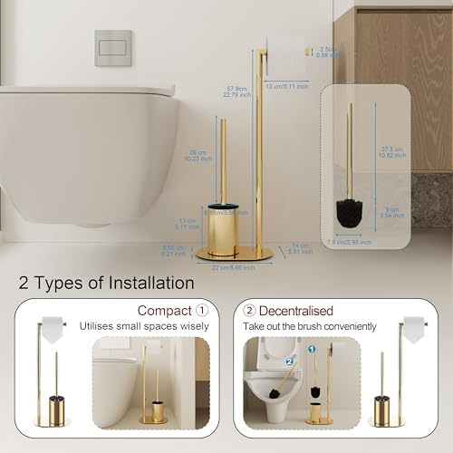 BVL Gold Toilet Roll Holder | Stainless Steel Standing Brush Set