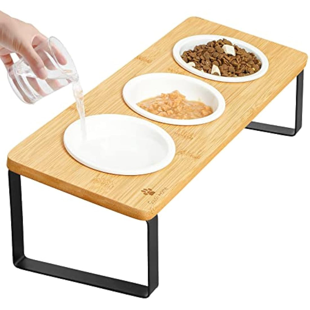 GUUSII HOME Elevated Cat Bowl Set - 3 Tilted Ceramic Bowls with Bamboo Stand