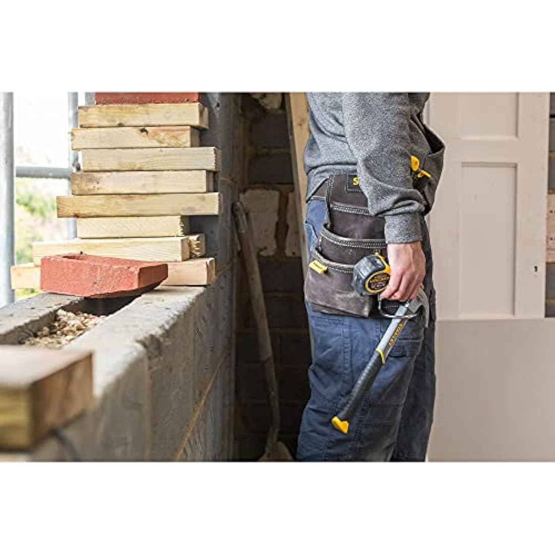 Stanley Leather Tool Pouch – Double Pocket Organizer with Hammer Loop