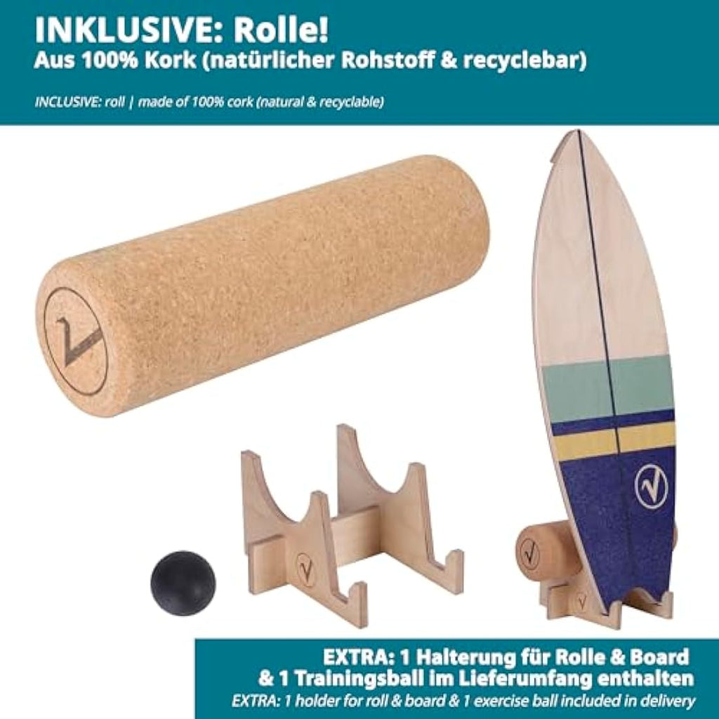 Valuents Wooden Surfboard Balance Board with Cork Roller and Stand